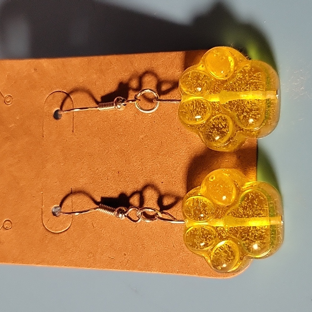 Glossy Glittery Yellow Handmade Pawprint Earrings